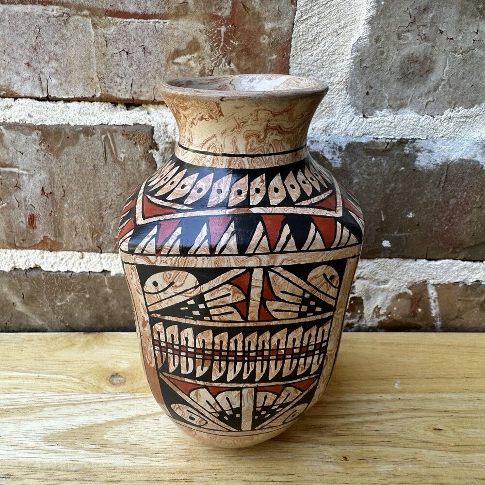 Mata Ortiz Pottery Vase 5.75 Inch Signed Paty Ortiz Geometric Mimbres Multicolor